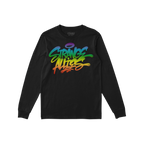 Black long-sleeve T-shirt featuring the Strange Allies Rainbow Handstyle print in graffiti style, showcasing bold, colorful l