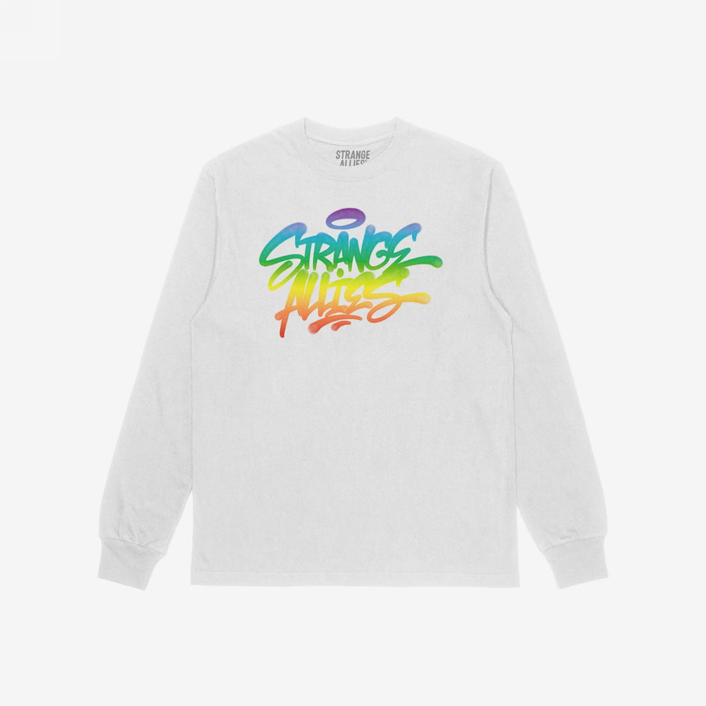 White, long-sleeve crew-neck T-shirt featuring the Strange Allies Rainbow Handstyle design, with graffiti-style, rainbow-gradient text on the chest, symbolizing individuality, inclusivity, and bold self-expression.