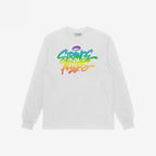 White, long-sleeve crew-neck T-shirt featuring the Strange Allies Rainbow Handstyle design, with graffiti-style, rainbow-gradient text on the chest, symbolizing individuality, inclusivity, and bold self-expression.