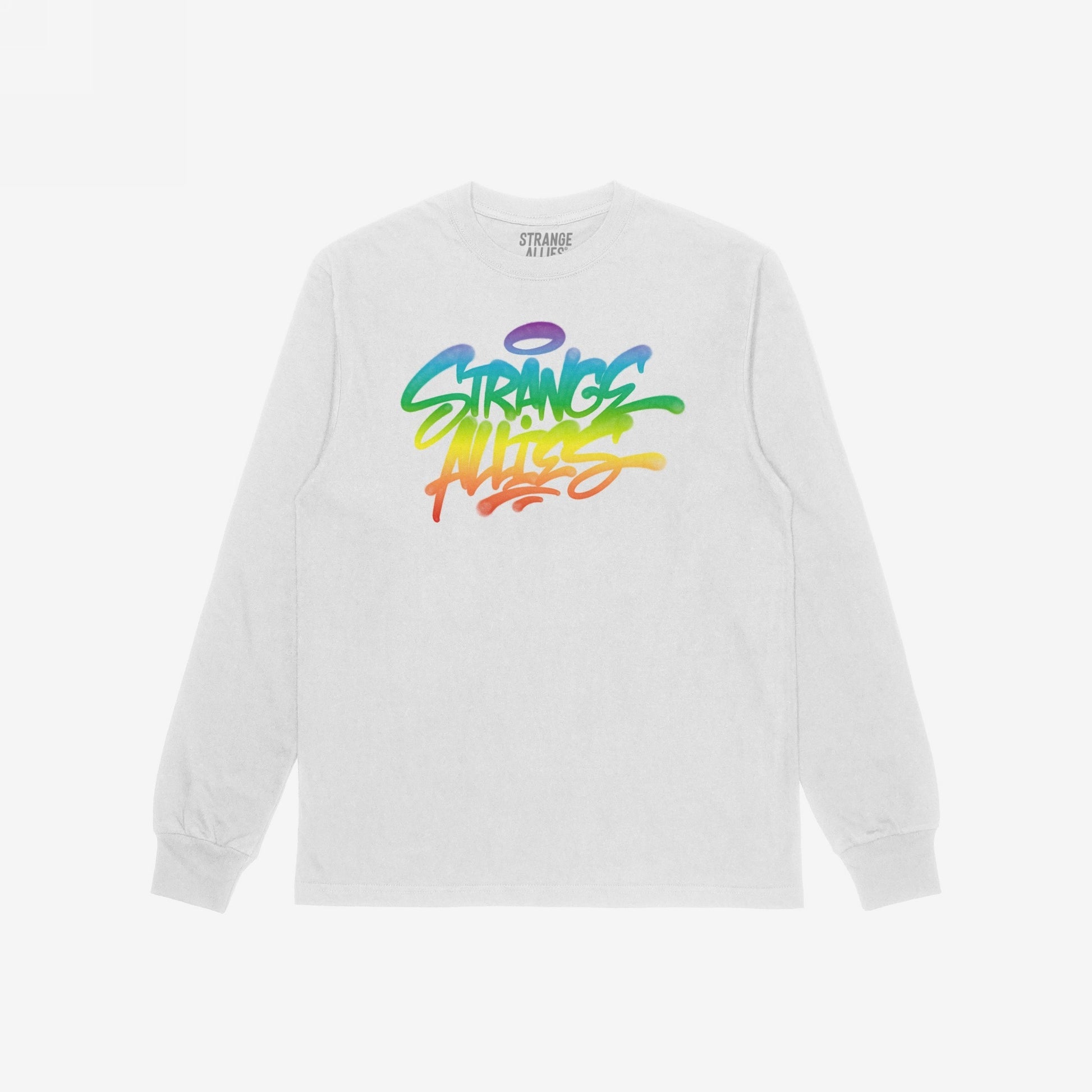 White, long-sleeve crew-neck T-shirt featuring the Strange Allies Rainbow Handstyle design, with graffiti-style, rainbow-gradient text on the chest, symbolizing individuality, inclusivity, and bold self-expression.