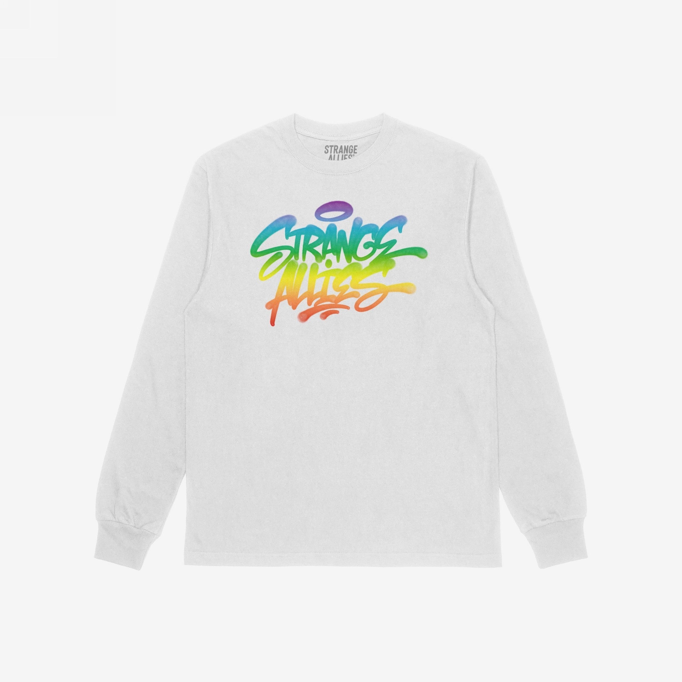 White, long-sleeve crew-neck T-shirt featuring the Strange Allies Rainbow Handstyle design, with graffiti-style, rainbow-gradient text on the chest, symbolizing individuality, inclusivity, and bold self-expression.