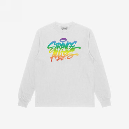White, long-sleeve crew-neck T-shirt featuring the Strange Allies Rainbow Handstyle design, with graffiti-style, rainbow-gradient text on the chest, symbolizing individuality, inclusivity, and bold self-expression.