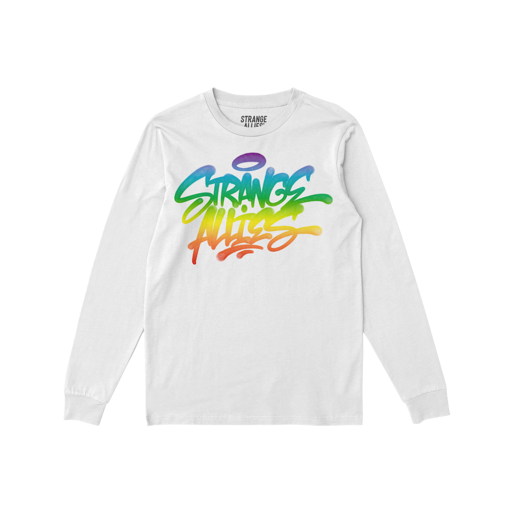 White, long-sleeve crew-neck T-shirt featuring the Strange Allies Rainbow Handstyle design, with graffiti-style, rainbow-grad