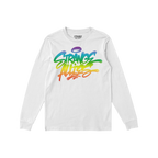 White, long-sleeve crew-neck T-shirt featuring the Strange Allies Rainbow Handstyle design, with graffiti-style, rainbow-grad