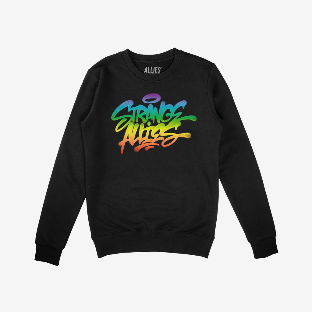 Strange Allies Rainbow Handstyle Crewneck Sweatshirt showcases a vibrant graffiti-style print in rainbow hues across the chest. The bold design reflects individuality and pride, offering a striking, comfortable statement piece.