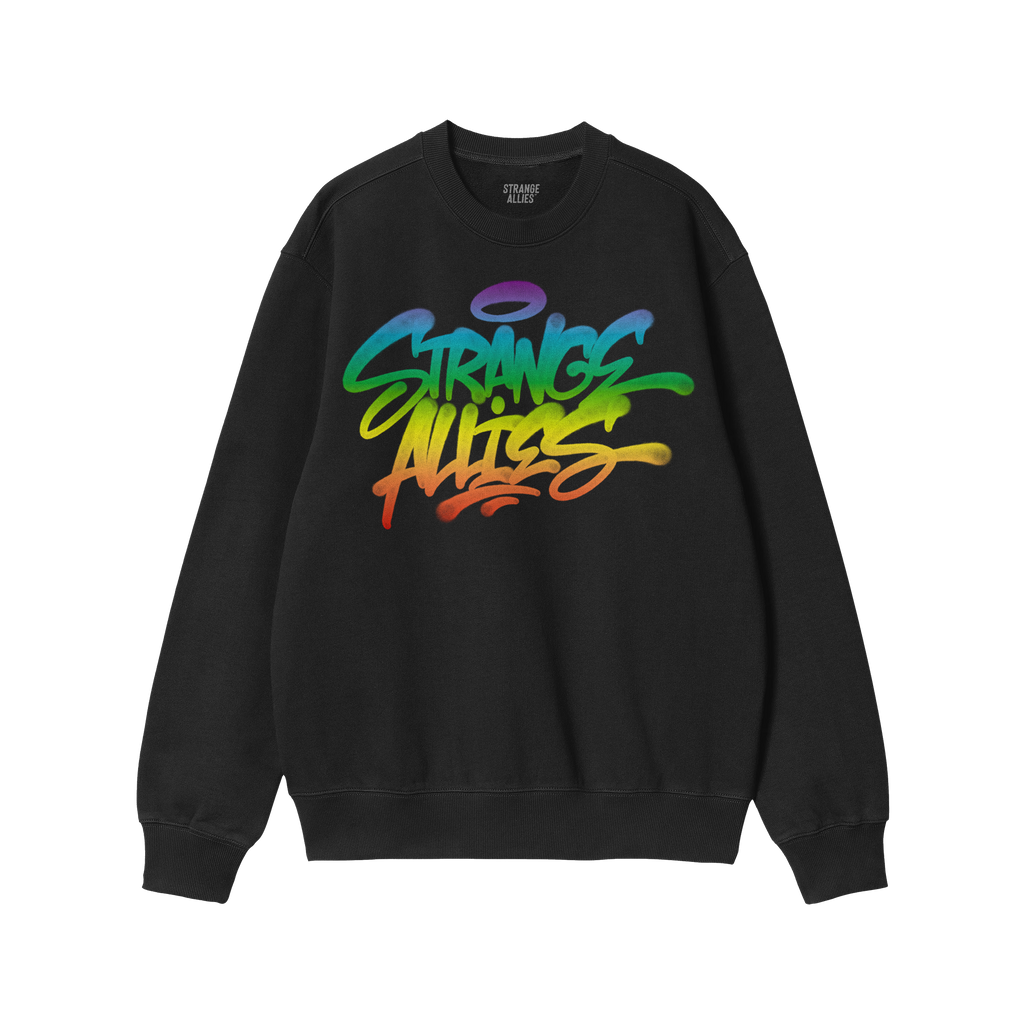 Strange Allies Rainbow Handstyle Crewneck Sweatshirt showcases a vibrant graffiti-style print in rainbow hues across the ches
