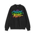 Strange Allies Rainbow Handstyle Crewneck Sweatshirt showcases a vibrant graffiti-style print in rainbow hues across the ches