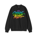 Strange Allies Rainbow Handstyle Crewneck Sweatshirt showcases a vibrant graffiti-style print in rainbow hues across the ches