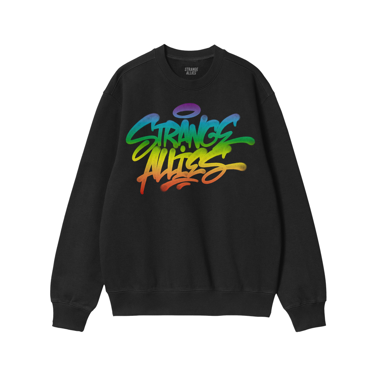 Strange Allies Rainbow Handstyle Crewneck Sweatshirt showcases a vibrant graffiti-style print in rainbow hues across the ches