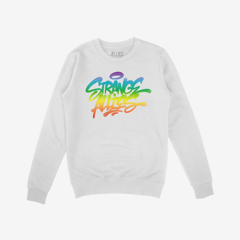 Strange Allies Rainbow Handstyle Sweatshirt features a graffiti-style logo in vibrant rainbow hues on a white crew-neck, embodying bold pride and standout style.