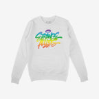 Strange Allies Rainbow Handstyle Sweatshirt features a graffiti-style logo in vibrant rainbow hues on a white crew-neck, embodying bold pride and standout style.