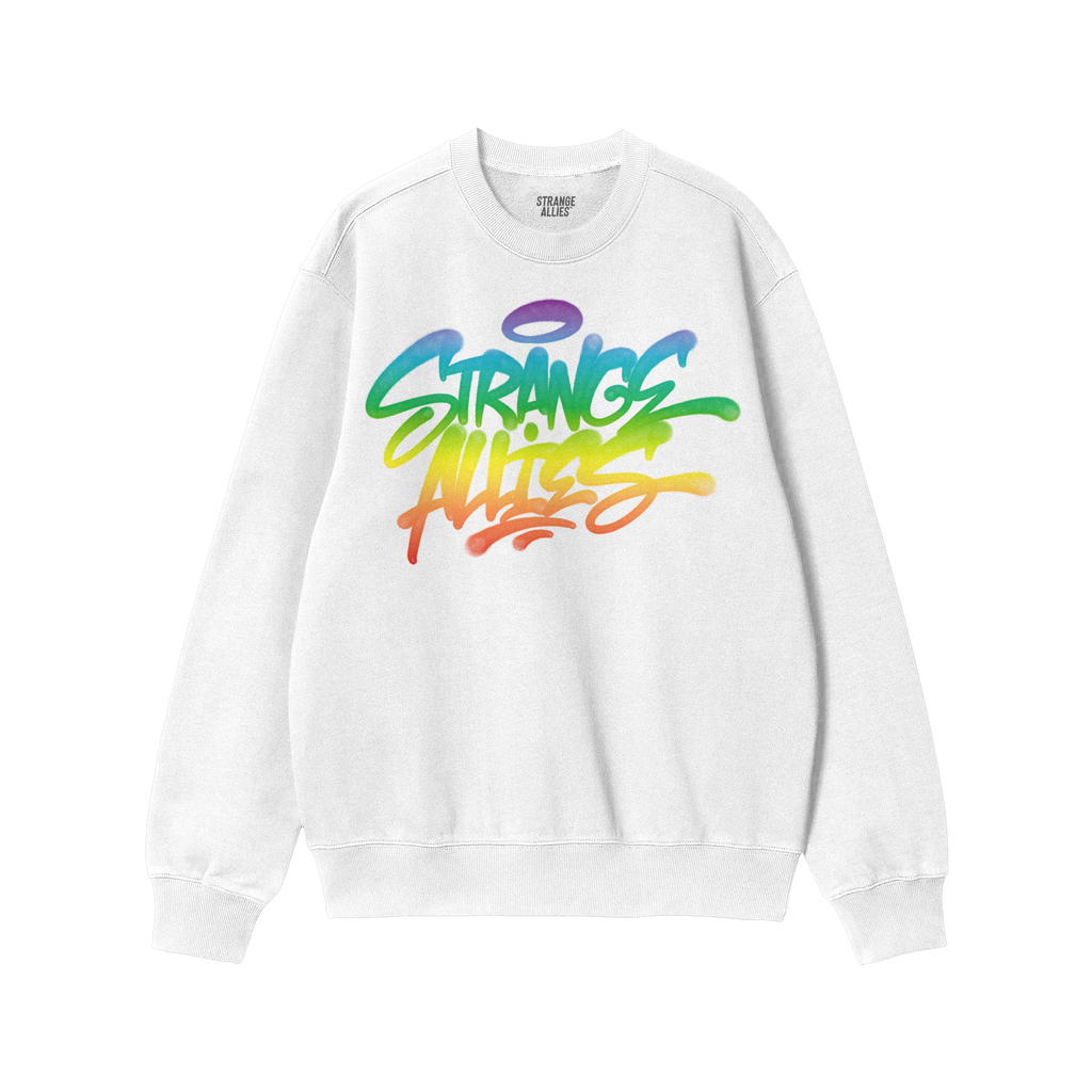 Strange Allies Rainbow Handstyle Sweatshirt features a graffiti-style logo in vibrant rainbow hues on a white crew-neck, embo