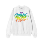 Strange Allies Rainbow Handstyle Sweatshirt features a graffiti-style logo in vibrant rainbow hues on a white crew-neck, embo