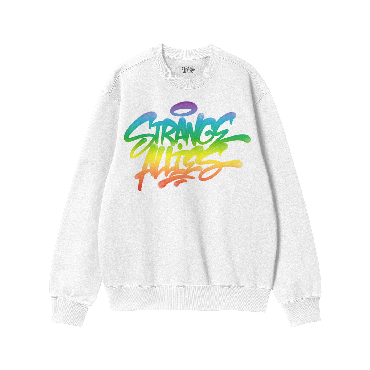 Strange Allies Rainbow Handstyle Sweatshirt features a graffiti-style logo in vibrant rainbow hues on a white crew-neck, embo