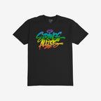Strange Allies Rainbow Handstyle T-shirt features graffiti-style “Strange Allies” text in a rainbow gradient, symbolizing individuality and inclusivity, laid flat on a white background.