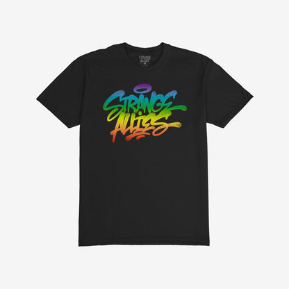 Strange Allies Rainbow Handstyle T-shirt features graffiti-style “Strange Allies” text in a rainbow gradient, symbolizing individuality and inclusivity, laid flat on a white background.