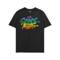 Strange Allies Rainbow Handstyle T-shirt features graffiti-style “Strange Allies” text in a rainbow gradient, symbolizing