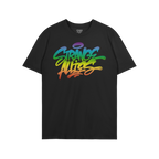 Strange Allies Rainbow Handstyle T-shirt features graffiti-style “Strange Allies” text in a rainbow gradient, symbolizing