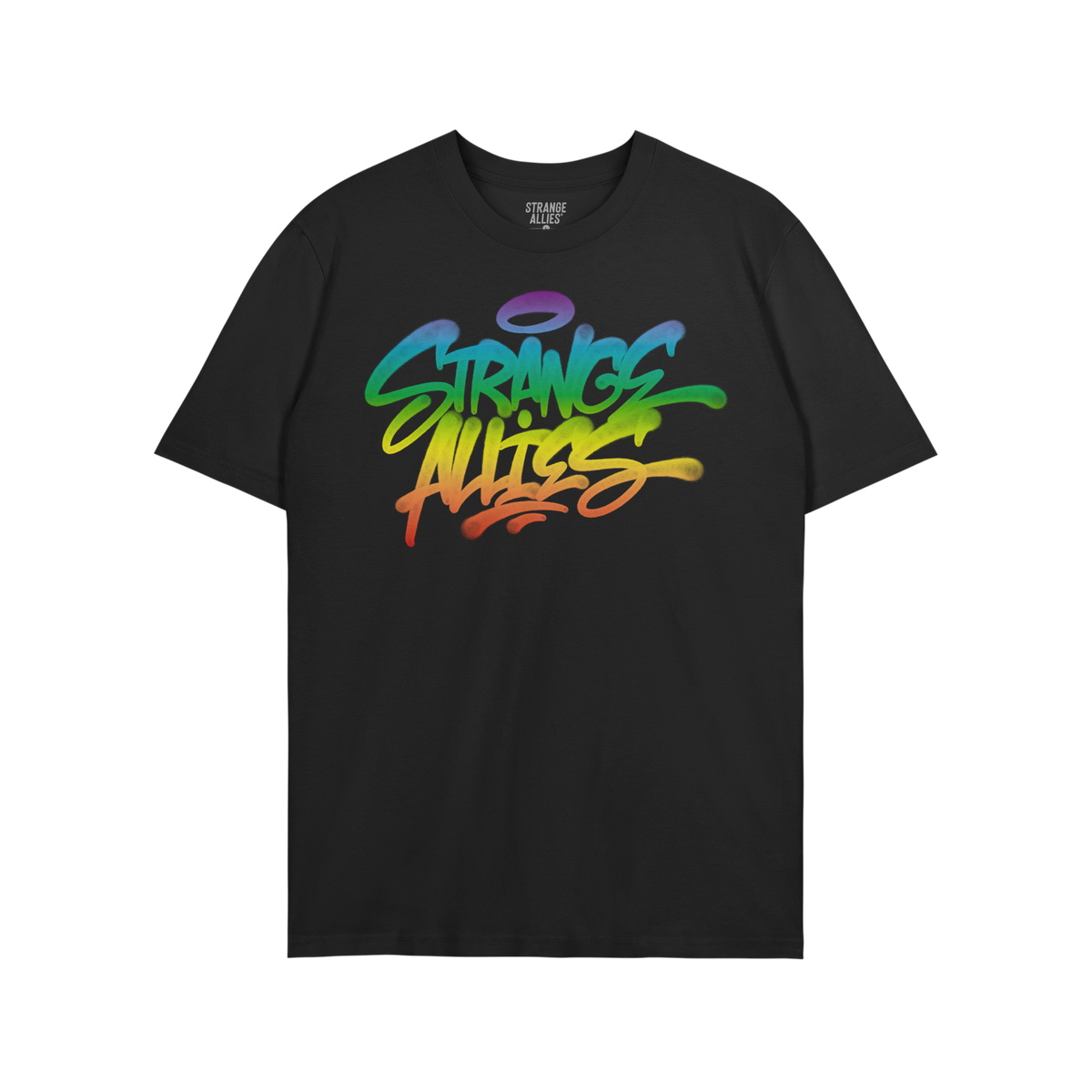 Strange Allies Rainbow Handstyle T-shirt features graffiti-style “Strange Allies” text in a rainbow gradient, symbolizing