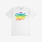 The Strange Allies Rainbow Handstyle T-shirt features a bold graffiti-style logo in a vibrant rainbow gradient, symbolizing individuality and inclusivity on a plain white short-sleeve crew-neck tee.