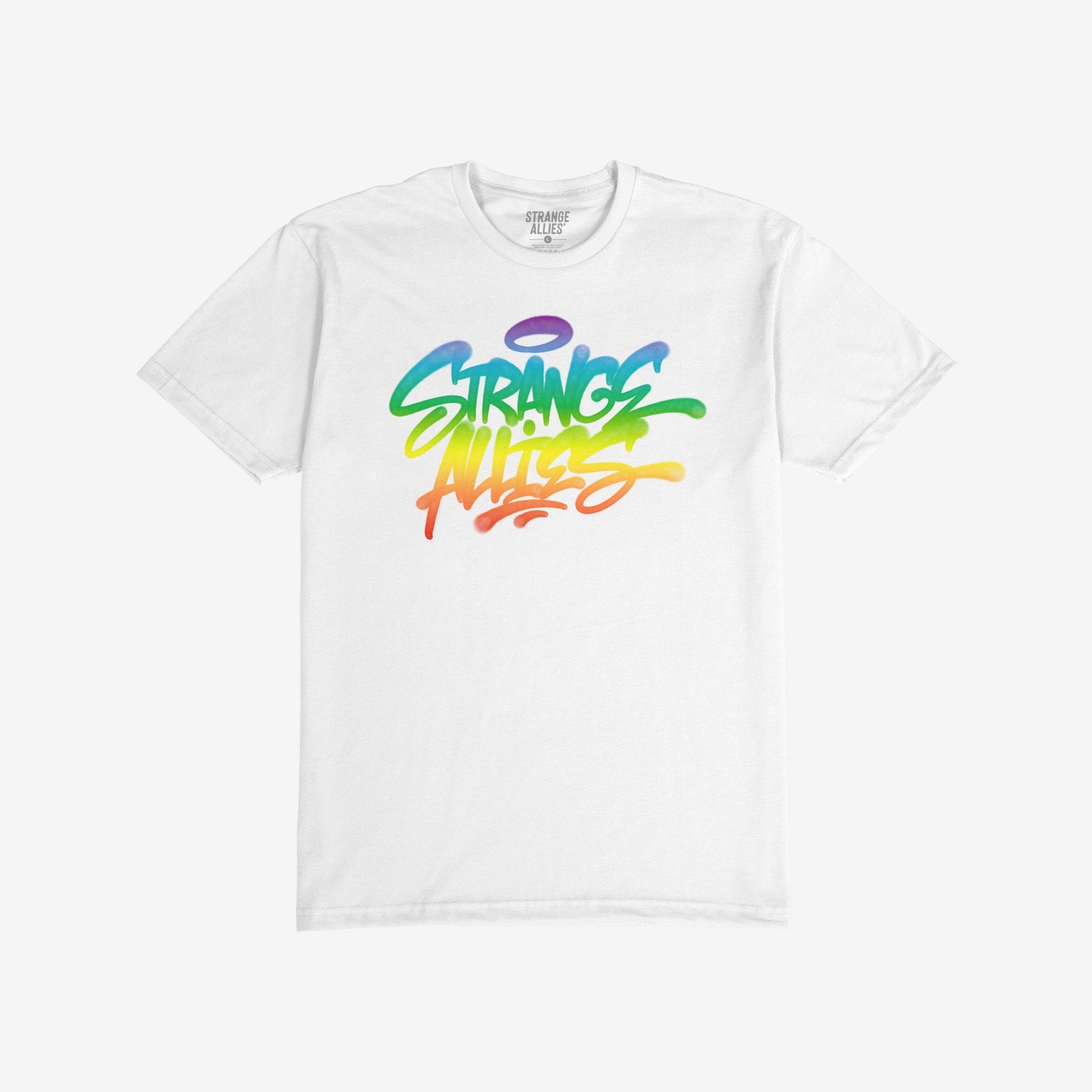 The Strange Allies Rainbow Handstyle T-shirt features a bold graffiti-style logo in a vibrant rainbow gradient, symbolizing individuality and inclusivity on a plain white short-sleeve crew-neck tee.