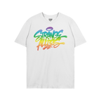 The Strange Allies Rainbow Handstyle T-shirt features a bold graffiti-style logo in a vibrant rainbow gradient, symbolizing i