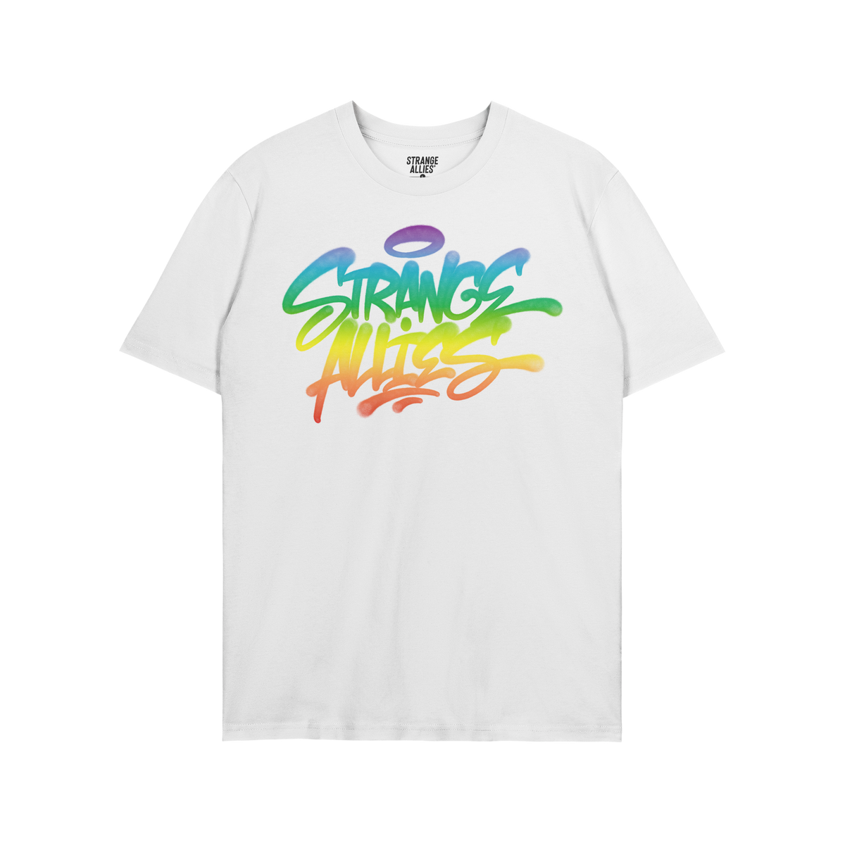 The Strange Allies Rainbow Handstyle T-shirt features a bold graffiti-style logo in a vibrant rainbow gradient, symbolizing i