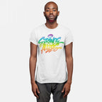 Person wearing the Strange Allies Rainbow Handstyle T-shirt, featuring a graffiti-style design with the words STRANGE ALLIES in vibrant rainbow gradients, symbolizing inclusivity and individuality.
