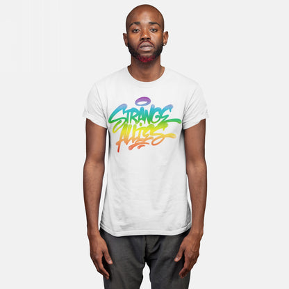 Person wearing the Strange Allies Rainbow Handstyle T-shirt, featuring a graffiti-style design with the words STRANGE ALLIES in vibrant rainbow gradients, symbolizing inclusivity and individuality.