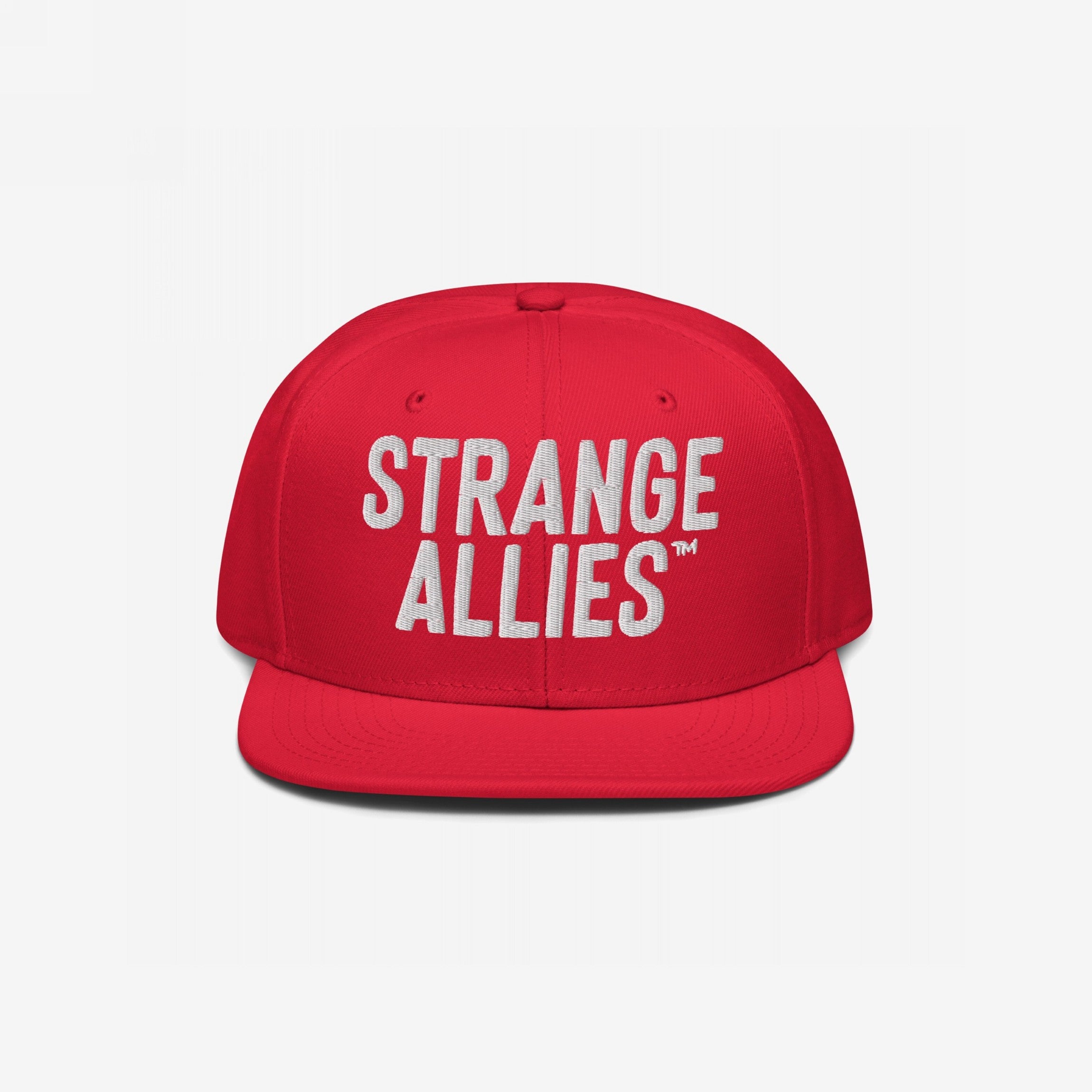 Red flat-brim snapback featuring “STRANGE ALLIES™” boldly embroidered, symbolizing unity in diversity. A stand-out piece for those advocating equality and solidarity, reflecting the store's ethos against injustice.