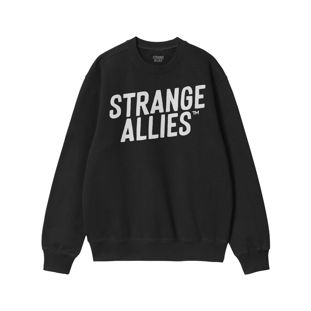 Strange Allies Hoodie & Sweatshirt features bold STRANGE ALLIES™ text on a black crew-neck, embodying unity and defiance. T