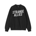 Strange Allies Hoodie & Sweatshirt features bold STRANGE ALLIES™ text on a black crew-neck, embodying unity and defiance. T