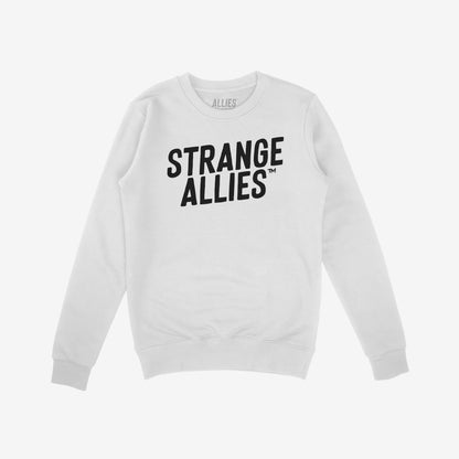 Strange Allies Hoodie & Sweatshirt features bold 'STRANGE ALLIES™' text on a white crewneck, embodying unity and defiance. The minimalist design reflects a powerful, unapologetic presence. Perfect for standing tall and making a statement.
