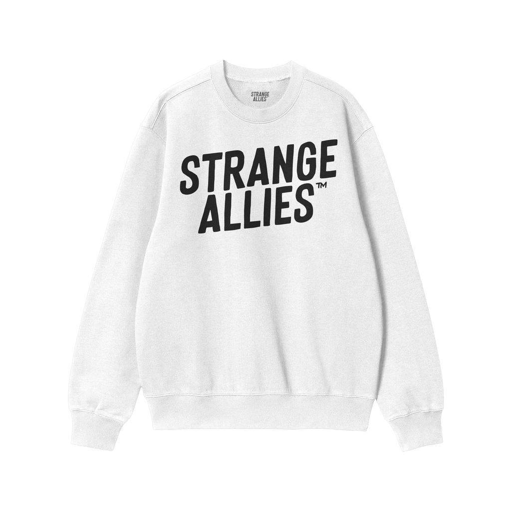 Strange Allies Hoodie & Sweatshirt features bold 'STRANGE ALLIES™' text on a white crewneck, embodying unity and defiance. 