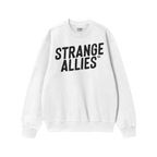 Strange Allies Hoodie & Sweatshirt features bold 'STRANGE ALLIES™' text on a white crewneck, embodying unity and defiance. 
