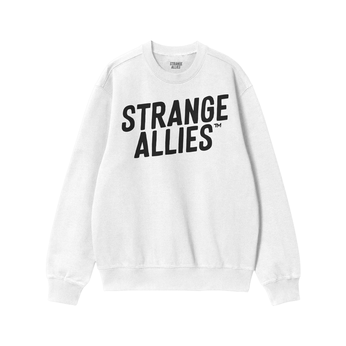 Strange Allies Hoodie & Sweatshirt features bold 'STRANGE ALLIES™' text on a white crewneck, embodying unity and defiance. 