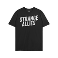 Strange Allies T-shirt featuring bold white STRANGE ALLIES™ text on a black crew-neck design, symbolizing an embrace of ind