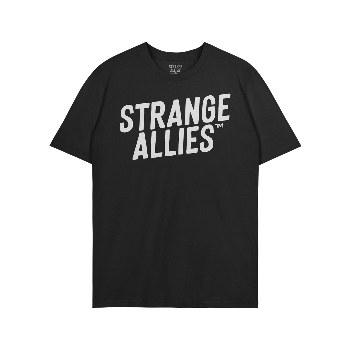 Strange Allies T-shirt featuring bold white STRANGE ALLIES™ text on a black crew-neck design, symbolizing an embrace of ind