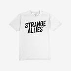 Strange Allies T-shirt featuring bold STRANGE ALLIES™ text across the chest, embodies a statement of individuality and inclusivity, laid flat against a white background, symbolizing a stand for equality.