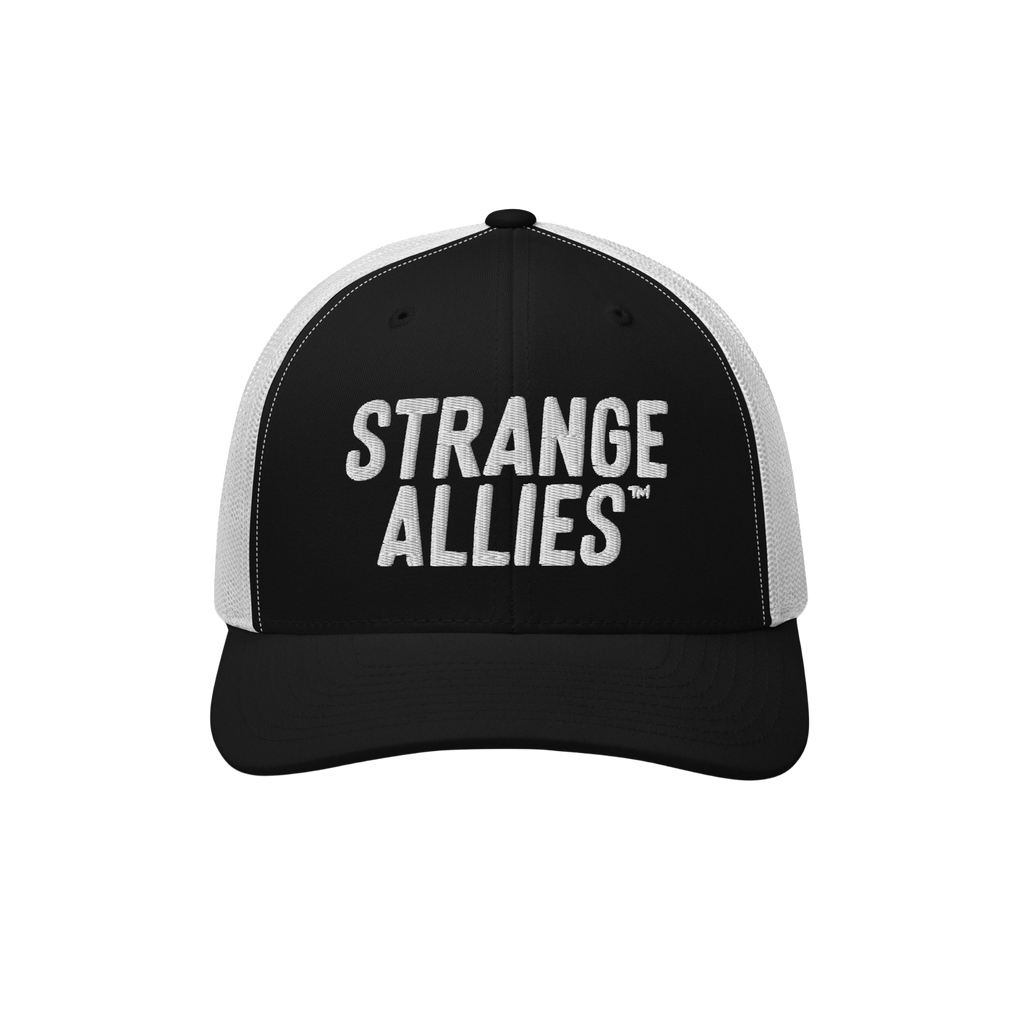 Strange Allies Hat featuring a black front with white mesh back, embroidered with “STRANGE ALLIES™.” A symbolic piece c