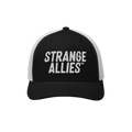 Strange Allies Hat featuring a black front with white mesh back, embroidered with “STRANGE ALLIES™.” A symbolic piece c