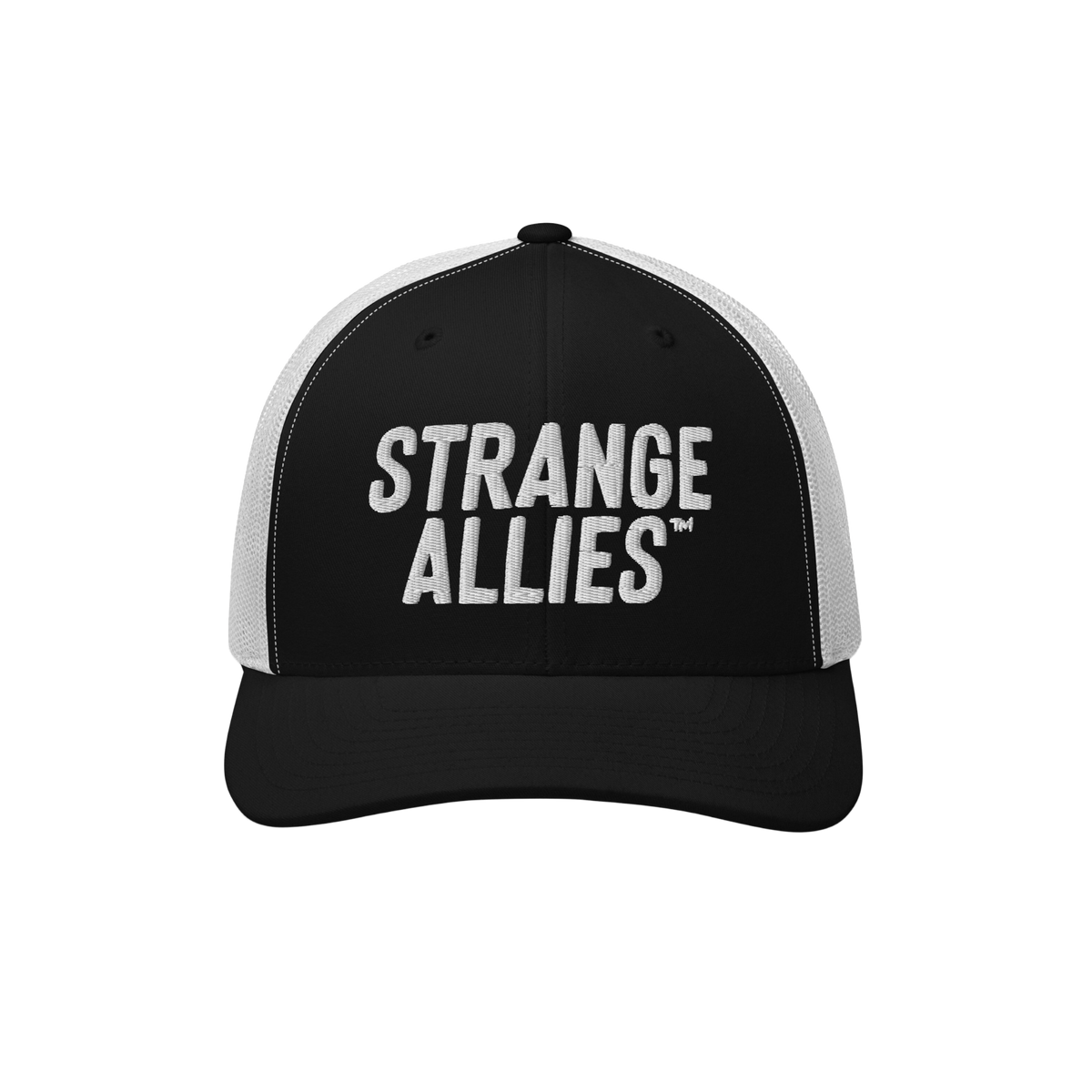 Strange Allies Hat featuring a black front with white mesh back, embroidered with “STRANGE ALLIES™.” A symbolic piece c