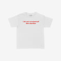 Timeline Women's Baby Tee features bold red text, i do not recommend this timeline, on a cropped white T-shirt, reflecting minimalist sarcasm and a statement on navigating modern reality.