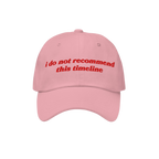 Light pink Timeline Hat with red embroidery stating, “i do not recommend this timeline,” reflecting political humor and i