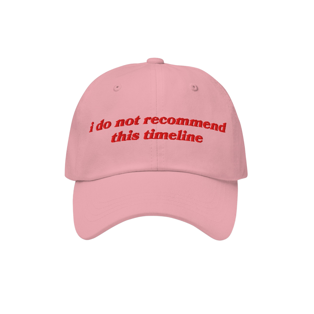 Light pink Timeline Hat with red embroidery stating, “i do not recommend this timeline,” reflecting political humor and i