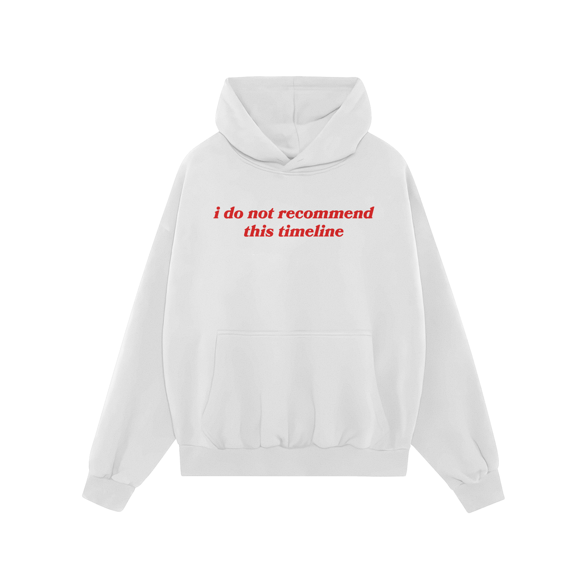 Plain white Timeline Shirt hoodie with red serif text stating “i do not recommend this timeline,” capturing humor and cri