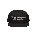 Timeline Hat: Black snapback cap with white embroidery stating, “i do not recommend this timeline.” Perfect for lovers of