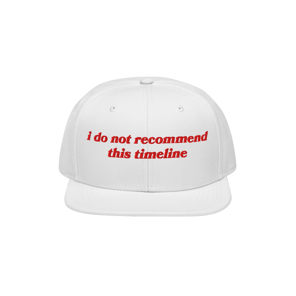 Timeline Hat: A white snapback cap with a red embroidered slogan 'i do not recommend this timeline,' perfect for expressing p