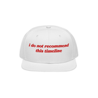 Timeline Hat: A white snapback cap with a red embroidered slogan 'i do not recommend this timeline,' perfect for expressing p