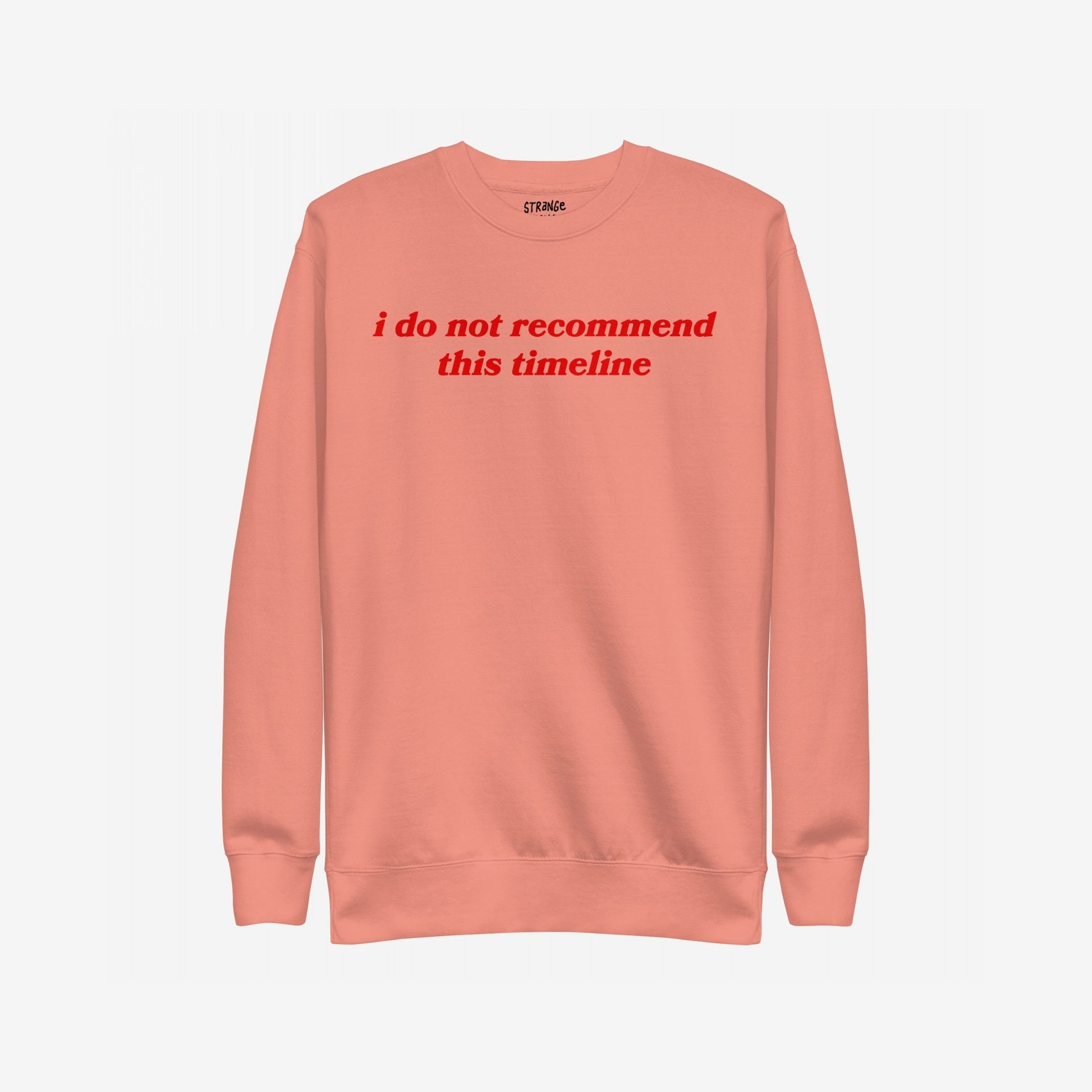 Timeline Hoodie & Sweatshirt featuring the phrase i do not recommend this timeline in red serif font on the chest, reflecting dry wit and dystopian fashion.
